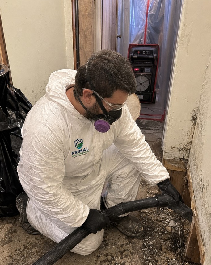 Primal Mold Remediation technician in protective gear vacuuming mold debris with an air scrubber running behind sealed containment