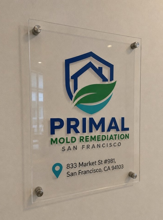 Angled view of the Primal Mold Remediation San Francisco acrylic office sign at the front desk