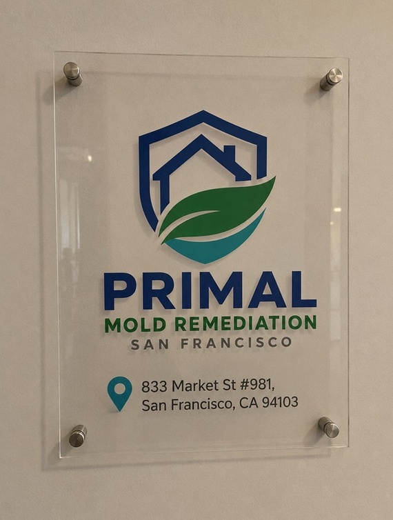Primal Mold Remediation San Francisco office sign showing the logo and 833 Market St #981 address