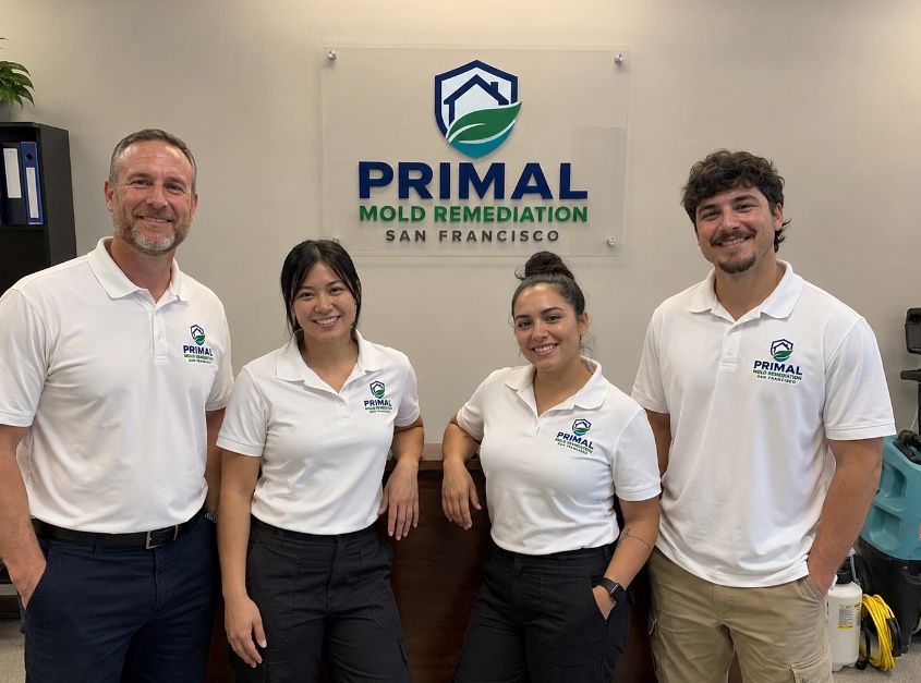 The Primal Mold Remediation San Francisco crew in branded polos standing in front of the office sign